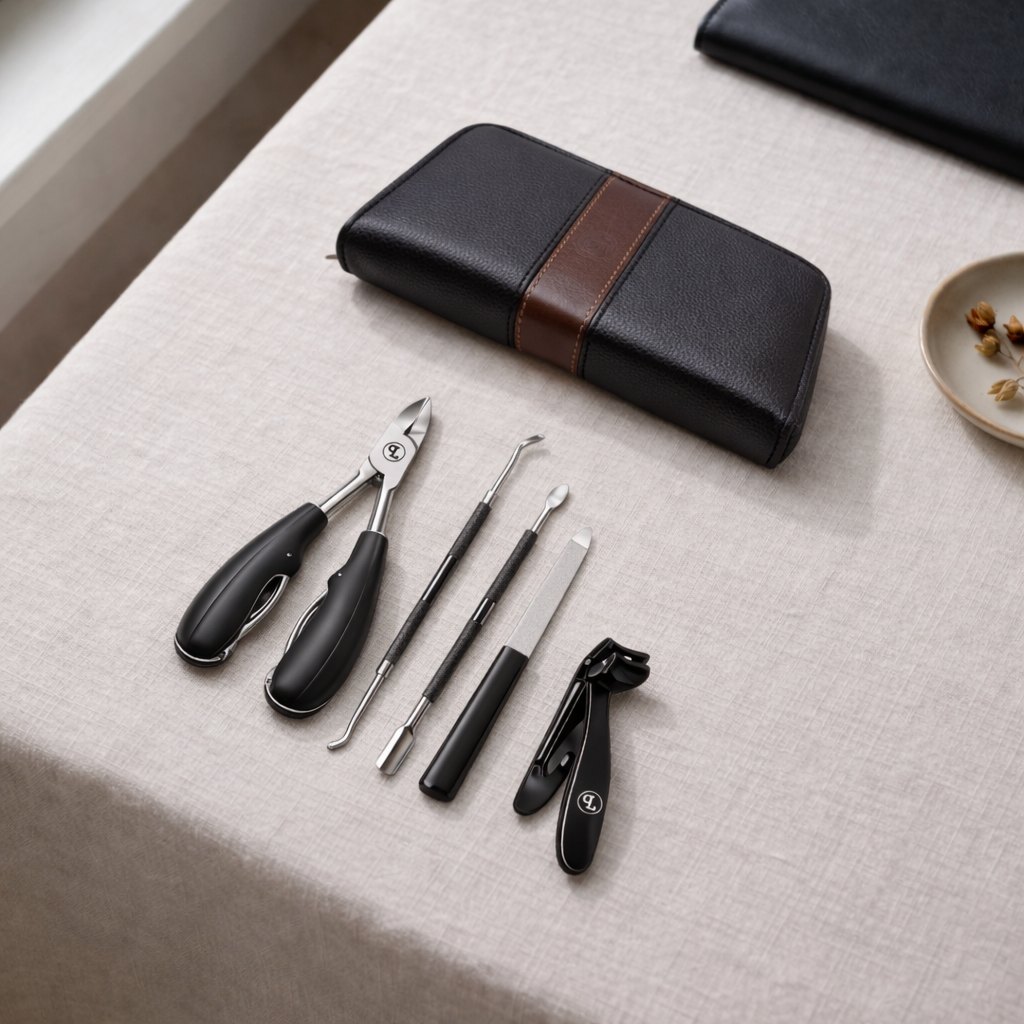 Kit premium para uñas PIUS LANG — set de cinco piezas, flat lay editorial sobre lino